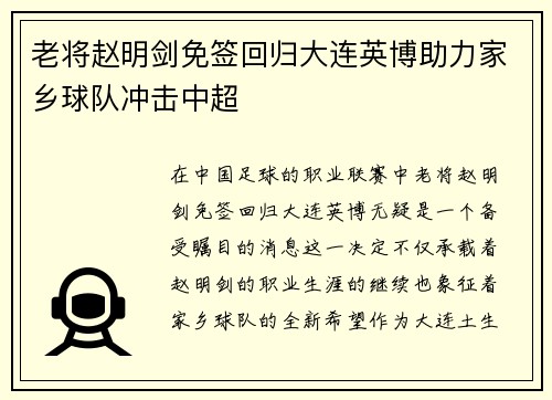 老将赵明剑免签回归大连英博助力家乡球队冲击中超